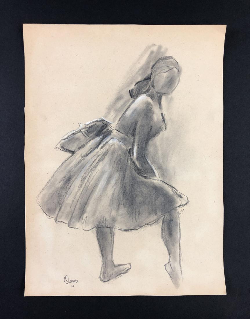 Edgar Degas (1834-1917) - Mixed Media on Paper: This lot consists of a graphite and pastel illustration on paper, "Degas" at lower left. Attributed to Edgar Degas (French, 1834-1917). Image depicts a ballet dancer paused at rehearsal, her athletic 