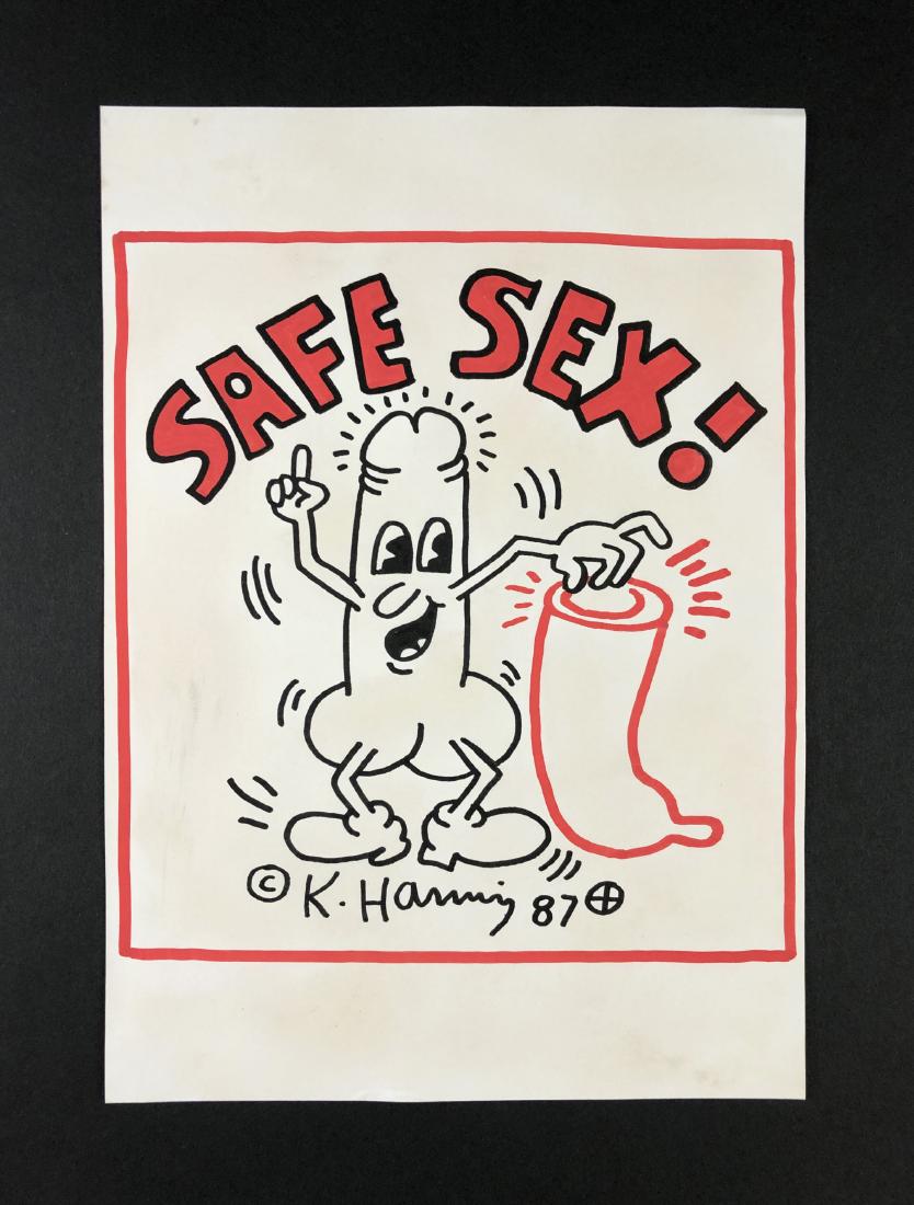 Keith Haring (American, 1958-1990) -- Ink Drawing: This lot consists of a hand-drawn ink illustration on paper, attributed to the pop-modern graffiti artist Keith Haring (American, 1958-1990). "K. Haring 87" is hand written at bottom. To the right of