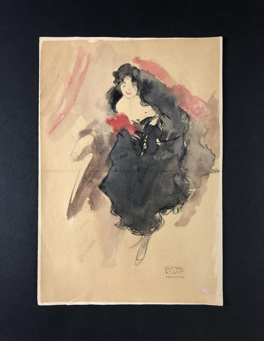 Gustav Klimt (1862-1918) - Mixed Media on Paper: This lot consists of a graphite and watercolor illustration on paper, "Gustav Klimt, Nachlass" at lower right. Attributed to Gustav Klimt (Austrian, 1862-1918). Image depicts a curious woman who appea