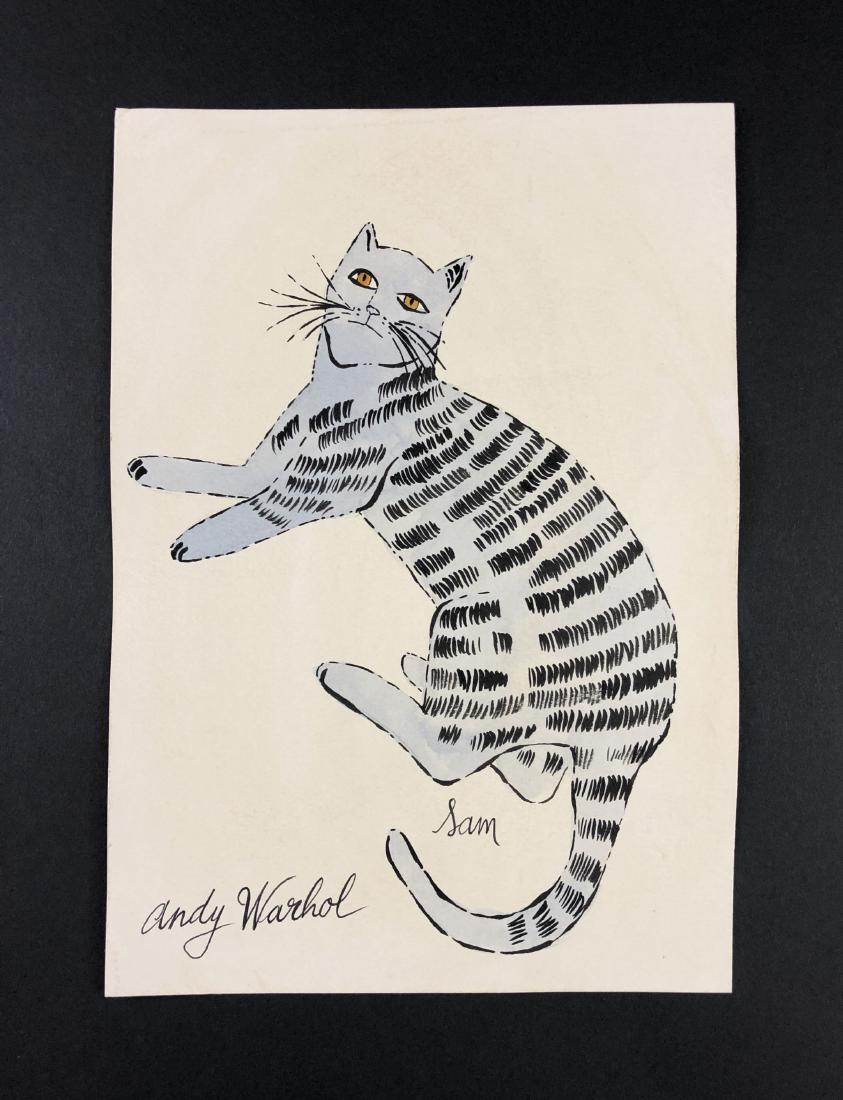 Andy Warhol (1928-1987) â€“ Mixed Media on Paper: This lot consists of a mixed media (ink and watercolor) on paper, attributed to Andy Warhol (American, 1928-1987). This Pop Art image depicts a blue cat with a black stripes and brown eyes laying on i