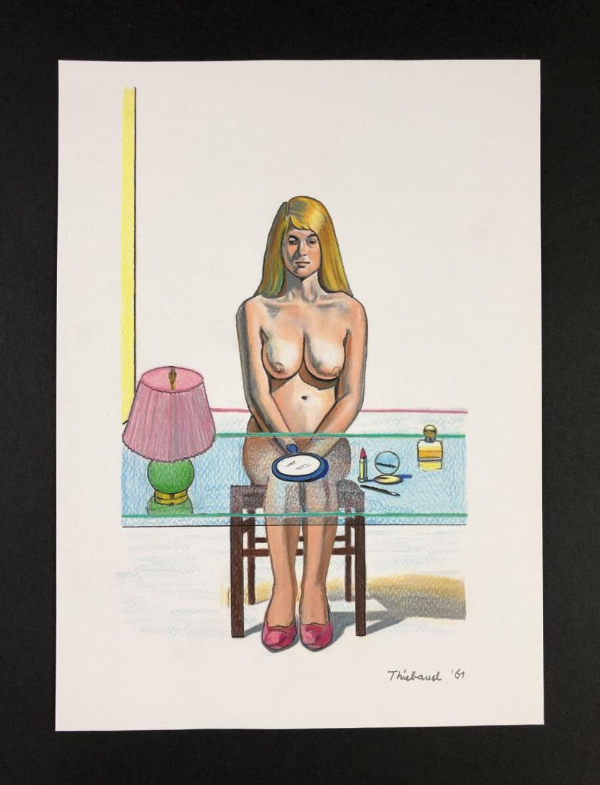 Wayne Thiebaud (born 1920 -) -- Colored Pencil Drawing: This lot consists of a hand-drawn colored pencil illustration on paper, attributed to modern artist Wayne Thiebaud (American, 1920 -). "Thiebaud" is hand written in graphite at bottom. To the right of