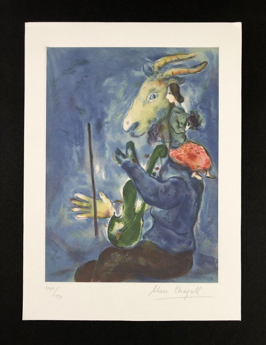 Marc Chagall (1887-1985) - Fine Art Print on Paper: This lot consists of a fine art print on paper, attributed to Marc Chagall (French, 1887-1985). Graphite inscription at bottom of composition reads, "140/150. Marc Chagall." Flushed with tones of blue