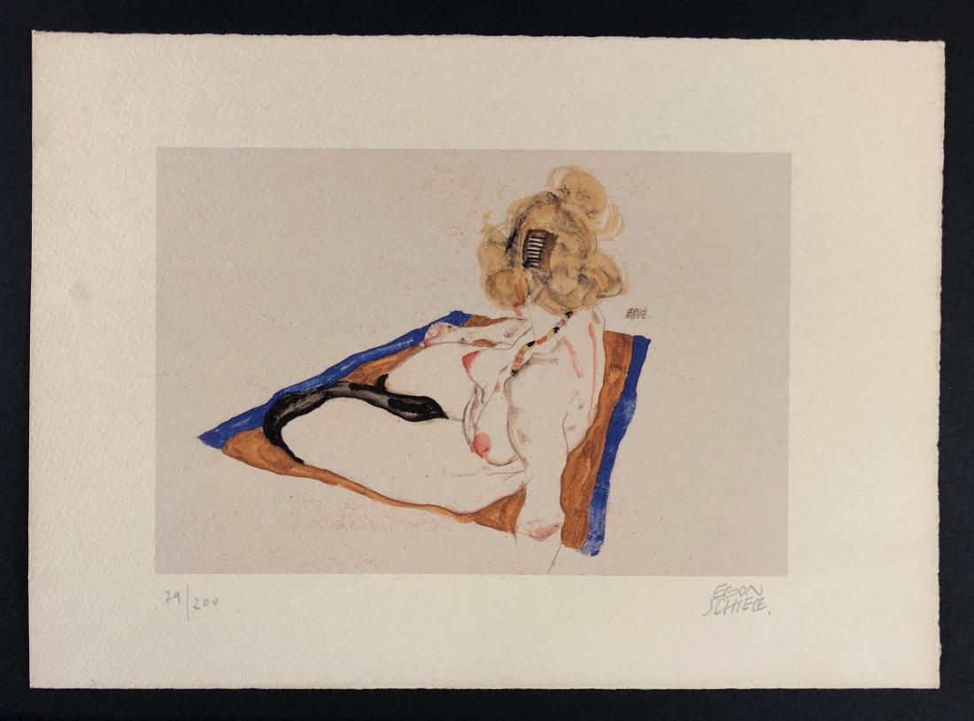 Egon Schiele (1890-1918) - Fine Art Print on Paper: This lot consists of a fine art print on paper, attributed to Egon Schiele (Austrian, 1890-1918). Hand inscription at bottom reads, "79/200. Egon Schiele." This Expressionist image depicts a nude blon
