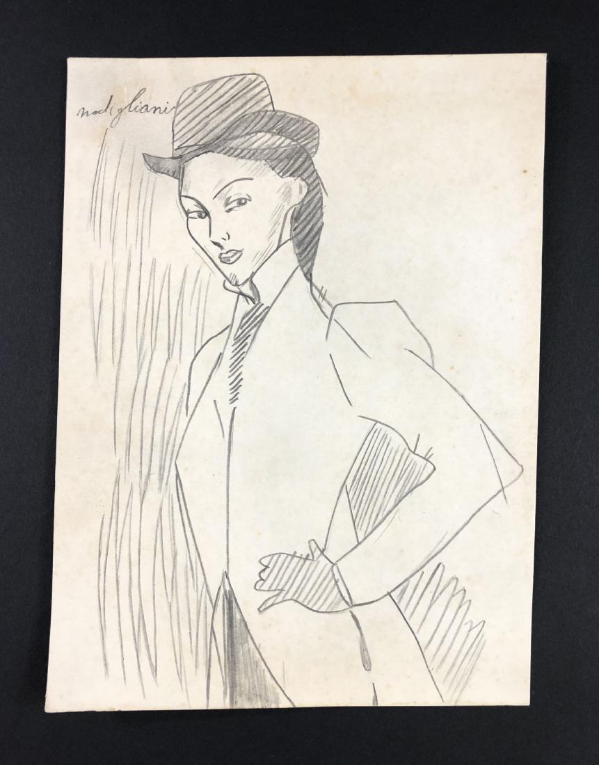 Amedeo Modigliani (Italian, 1884-1920): This lot consists of a graphite drawing on paper, attributed to Amodeo Modigliani (Italian, 1884-1920). Hand inscription at top left reads, "Modigliani". This Modern Art expressionist image depicts a