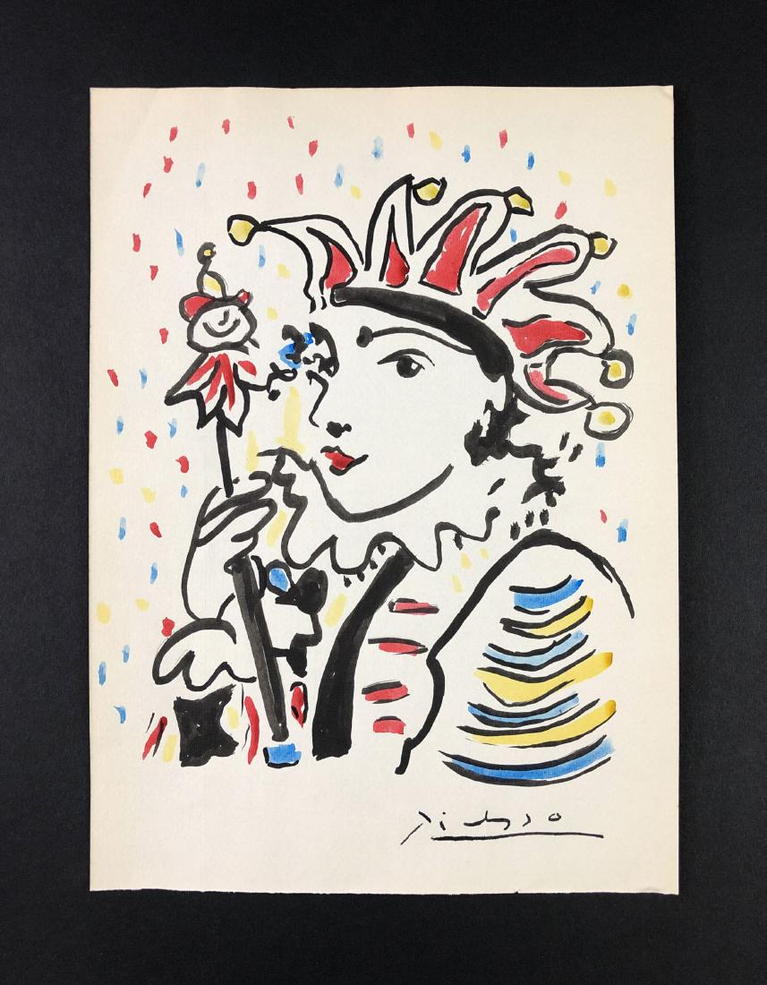 Pablo Picasso (1881-1973) - Ink Illustration on Paper: This lot consists of a pen and ink illustration on paper, attributed to Pablo Picasso (Spanish, 1881-1973). Hand inscription at lower right reads, "Picasso". Image depicts a jester in vibrant color. R