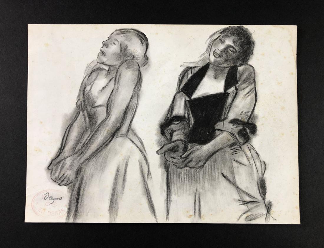 Edgar Degas (1834-1917) - Charcoal on Paper: This lot consists of a charcoal drawing on paper, attributed to Edgar Degas (French, 1834-1917). Hand inscription at bottom left reads, "Degas" inside of a faint red stamp that reads "Atelier Ed. Dega