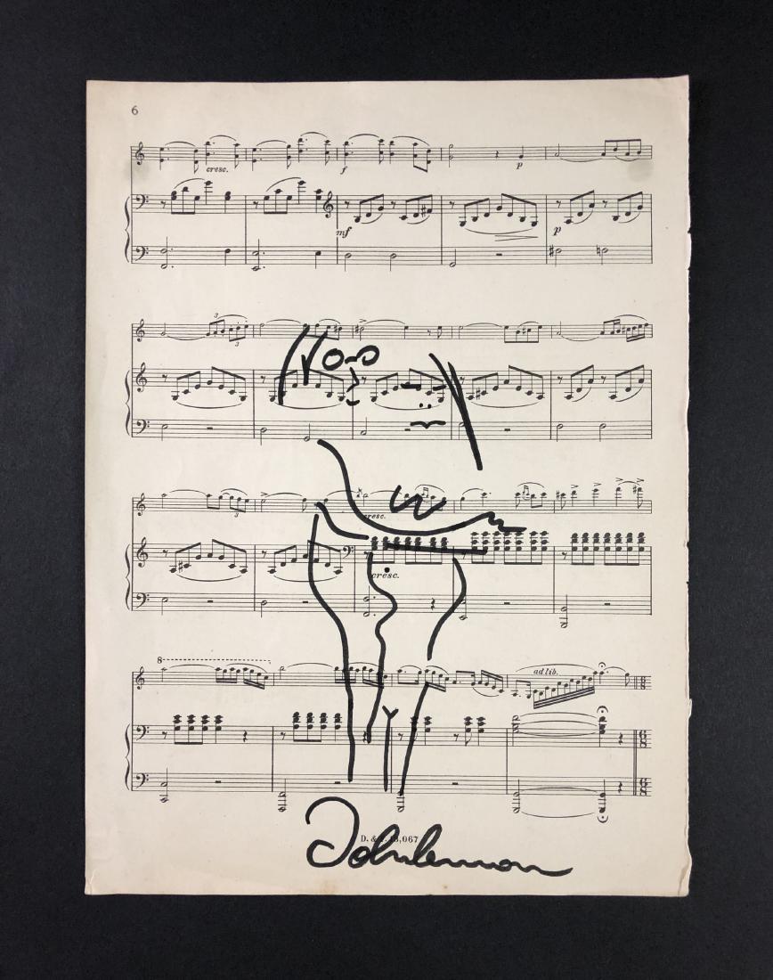 John Lennon (British, 1940-1980) - Ink on Paper: This lot consists of a pen and ink illustration on a page of sheet music, attributed to artist, musician, and former Beatle, John Lennon (British, 1940-1980). A hand inscription at bottom reads, "John