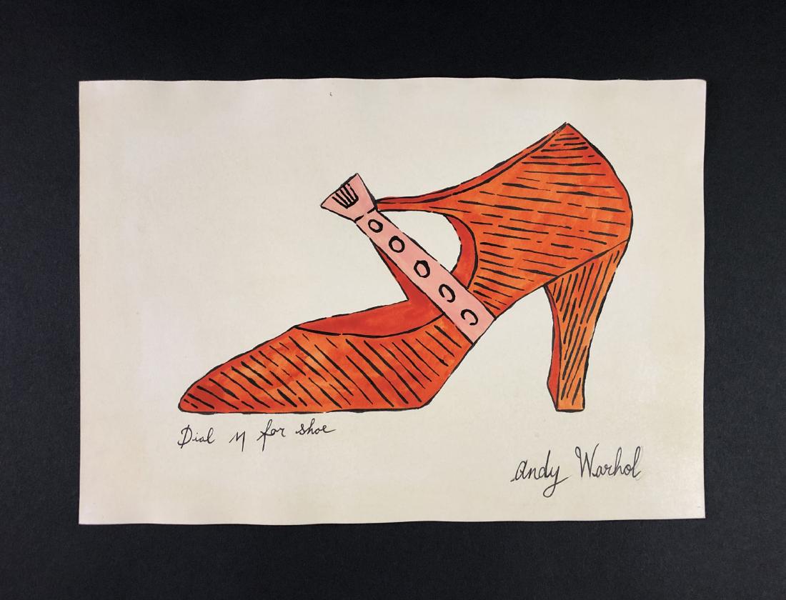 Andy Warhol (1928-1987) â€“ Mixed Media on Paper: This lot consists of a mixed media (ink and watercolor) on paper, attributed to Andy Warhol (American, 1928-1987). This Pop Art image depicts a orange ladies shoe with a pink strap, very similar to a 