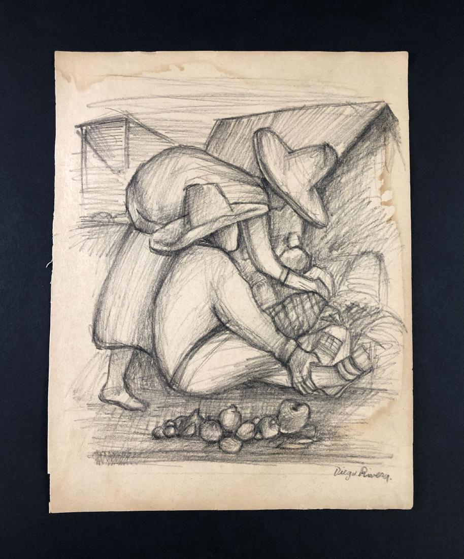 Diego Rivera (Mexican,1886 -1957) - Graphite Drawing: This lot consists of a graphite drawing on paper, attributed to modern artist Diego Rivera (Mexican, 1886 -1957). Hand inscription at bottom left reads, "Diego Rivera". This Modern Art image likely de