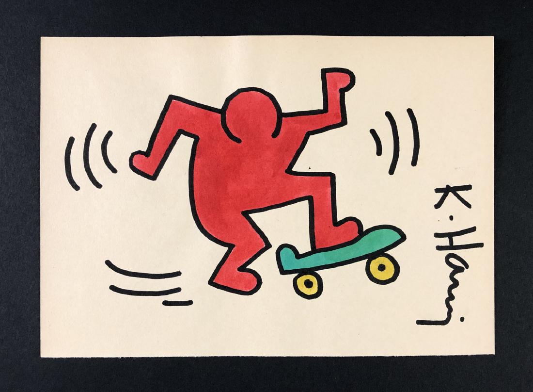 Keith Haring (American, 1958-1990)-Mixed Media Drawing: This lot consists of a hand-drawn ink and watercolor illustration on brown paper, attributed to the pop-modern graffiti artist Keith Haring (American, 1958-1990). "K. Haring" is hand written at right.