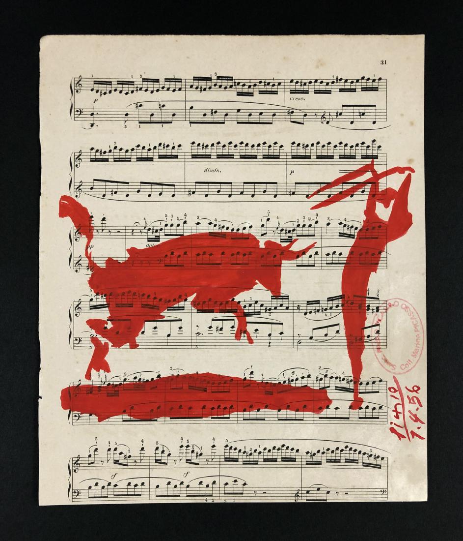 Pablo Picasso (1881-1973) - Watercolor Illustration on: This lot consists of a watercolor illustration on a piece of antique sheet music. attributed to Pablo Picasso (Spanish, 1881-1973). A hand-painted inscription at lower right reads, "Picasso. 1.4.56". 