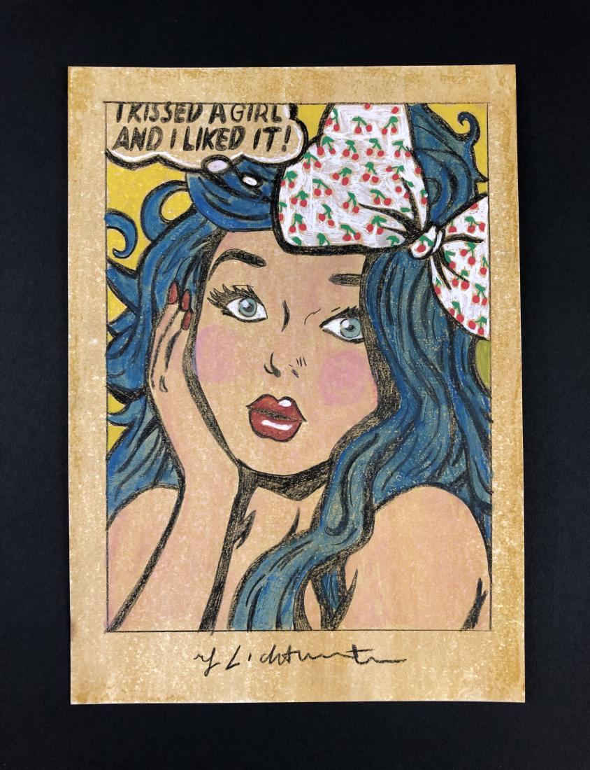 Roy Lichtenstein (1923 -1997) - Mixed Media Drawing: This lot consists of a mixed media (colored pencil, gouache) illustration on paper, attributed to modern cartoon pop artist Roy Lichtenstein (American, 1923-1997). "Roy Lichtenstein" is hand written a