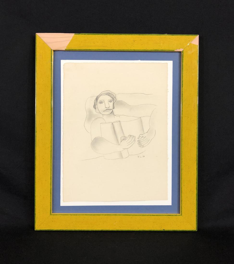 Fernand Leger (1881 -1955) -- Graphite Drawing: This lot consists of a graphite illustration on paper, attributed to Fernand Leger (French, 1881-1955). "F.L." and "51" are hand written at lower right of composition. Image depicts a handsome woman h