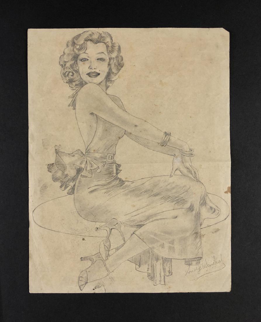 Andy Warhol (1928-1987) â€“ Graphite on Paper: This lot consists of a graphite drawing on paper, attributed to Andy Warhol (American, 1928-1987). This Pop Art image depicts the face of actress Marilyn Monroe seated with her hands on her knees, wea