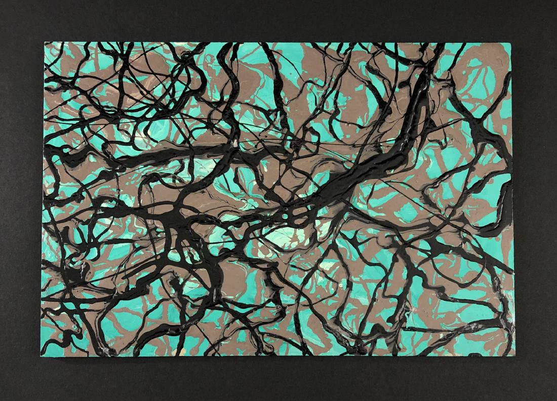Jackson Pollock (American, 1912-1956) -- Drip Painting: This lot consists of a hand rendered acrylic drip painting on board, attributed to modern artist Jackson Pollock (American, 1912-1956). "Pollock" is handwritten en verso. Churning waves of browns and 