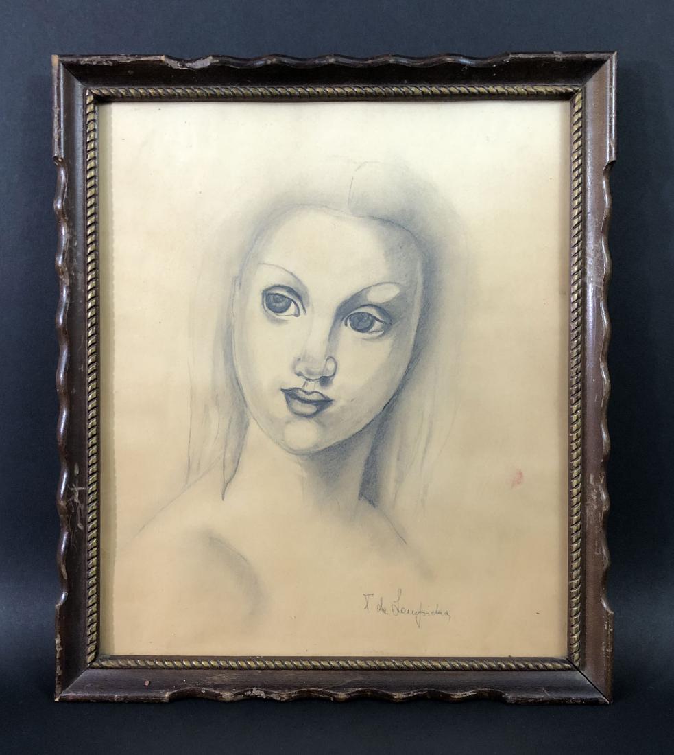 Tamara de Lempicka (1898 -1980) -- Graphite Drawing: This lot consists of a hand drawn graphite illustration on paper, attributed to the Art Deco artist Tamara de Lempicka (Polish, 1898 - 1980). "T. de Lempicka" is hand written in graphite at bottom cen