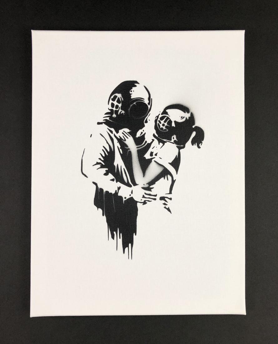 Banksy (British, 1974 - ) -- Hand Stenciled Canvas: This lot consists of a hand stenciled aerosol painting on stretched canvas, attributed to the contemporary street artist Banksy (British, 1974 - ). Image depicts two people wearing antique scuba helme