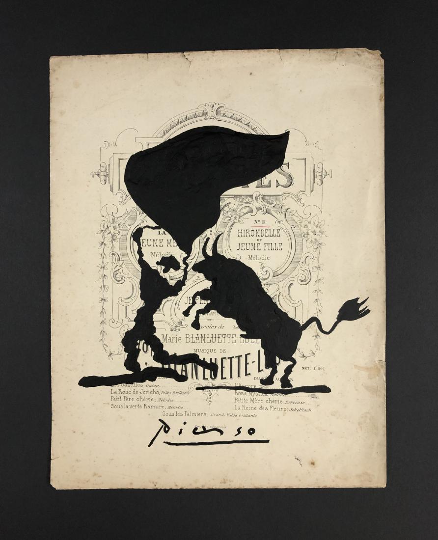 Pablo Picasso (1881-1973) â€“ Gouache on Paper: This lot consists of a Gouache on an Antique sheet music page, attributed to Pablo Picasso (Spanish, 1881-1973). This Expressionist image depicts a matador and a charging bull. Hand inscription below 