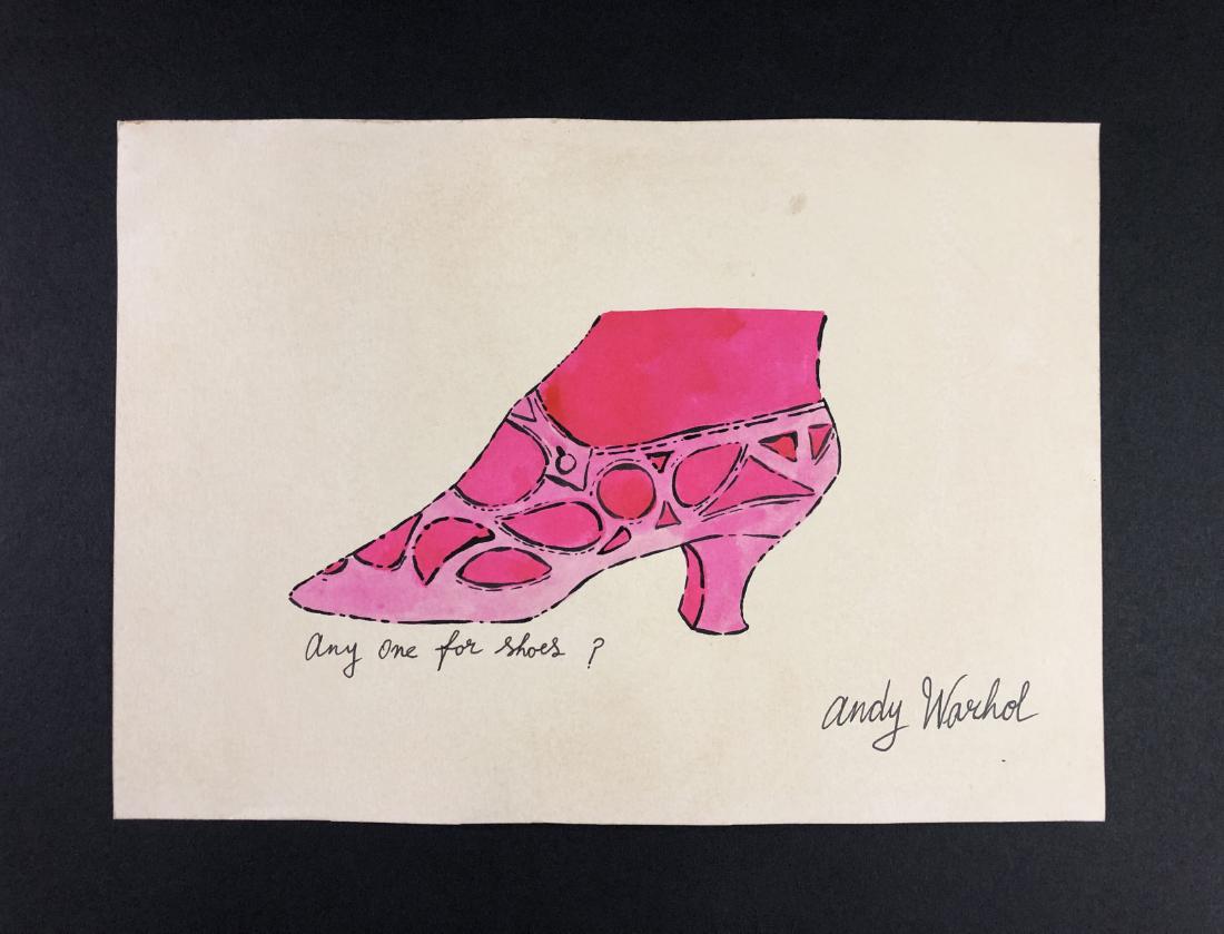 Andy Warhol (1928-1987) â€“ Mixed Media on Paper: This lot consists of a mixed media (ink and watercolor) on paper, attributed to Andy Warhol (American, 1928-1987). This Pop Art image depicts a pale pink ladies shoe with a hot pink stocking in it, ve