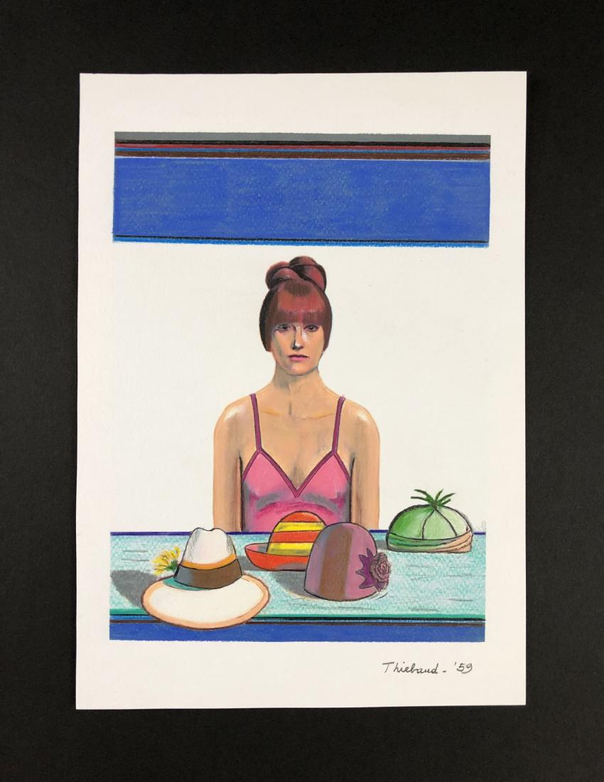 Wayne Thiebaud (born 1920 -) -- Colored Pencil Drawing: This lot consists of a hand-drawn colored pencil illustration on paper, attributed to modern artist Wayne Thiebaud (American, 1920 -). "Thiebaud" is hand written in graphite at bottom. To the right of