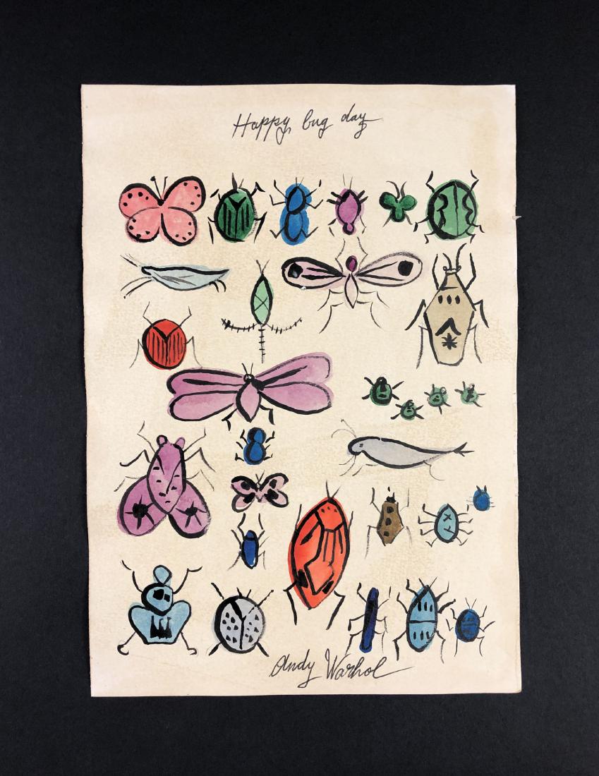 Andy Warhol (1928-1987) â€“ Mixed Media on Paper: This lot consists of a mixed media (ink and watercolor) on paper, attributed to Andy Warhol (American, 1928-1987). This early Pop art image depicts a insects of different colors. Hand inscription belo