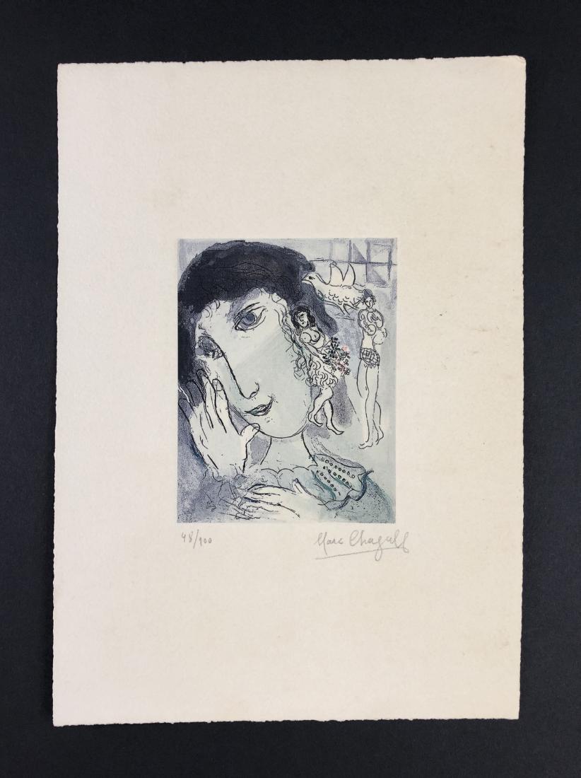 Marc Chagall (1887-1985) - Fine Art Print on Paper: This lot consists of a fine art print on paper, attributed to Marc Chagall (French, 1887-1985). numbered at bottom, in graphite handwriting, "48/100. Marc Chagall." Image depicts a woman's face shroud