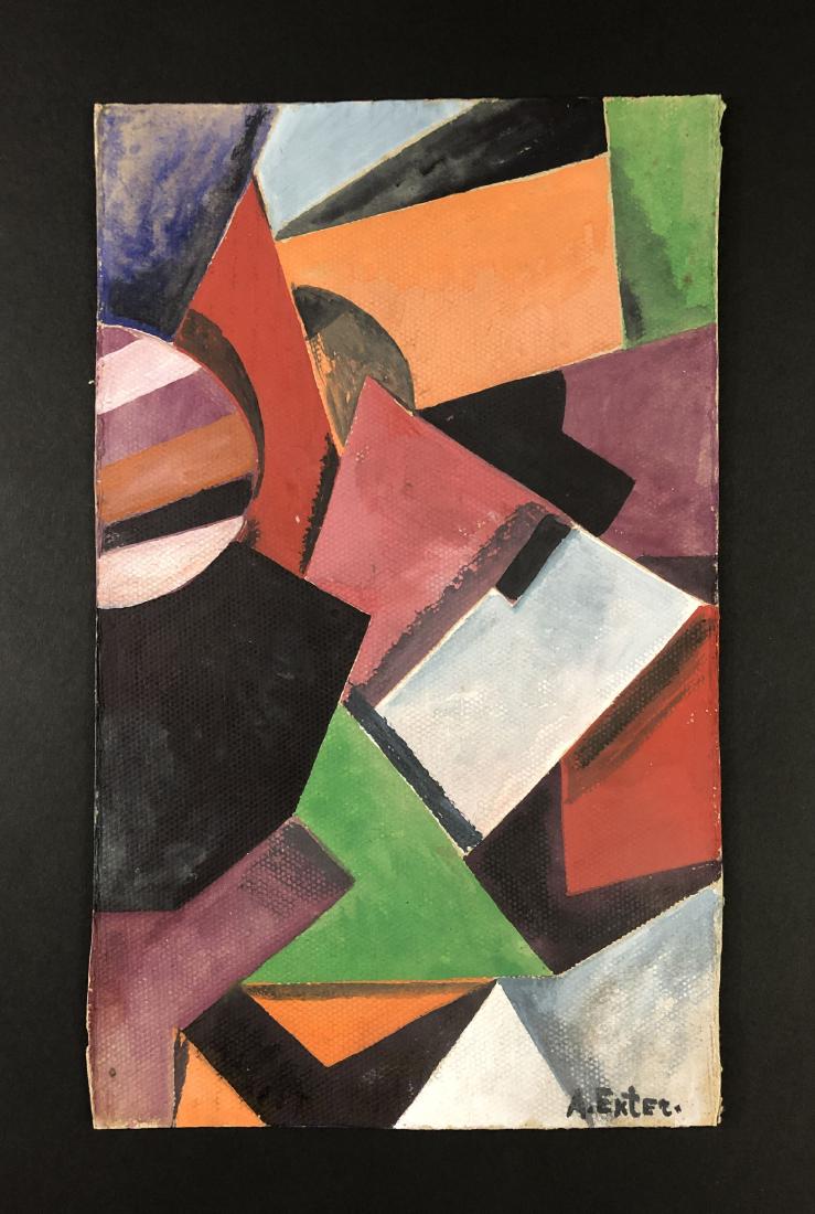 Alexandra Exter (1882 - 1949) -- Painting on Board: This lot consists of a hand painted gouache and watercolor illustration on board, attributed to the art deco constructivist Alexandra Exter (Russian, 1882 - 1949). "A, Exter." hand written at bottom r