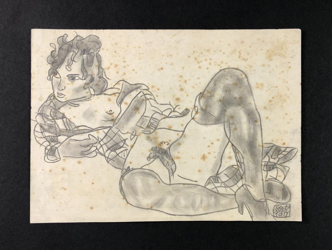 Egon Schiele (1890-1918) - Graphite on Paper: This lot consists of a graphite drawing on paper, attributed to Egon Schiele (Austrian, 1890-1918). Hand inscription at bottom reads, "Egon Schiele 1911". This Expressionist image depicts a reclining