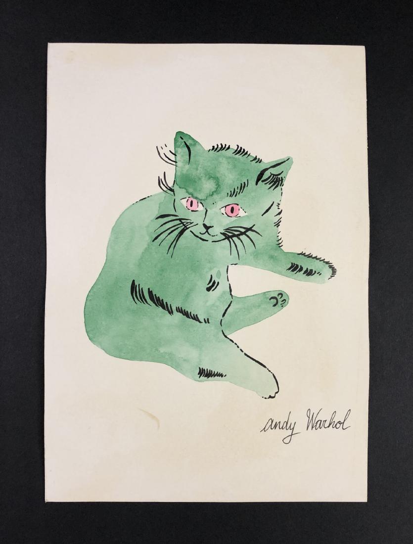 Andy Warhol (1928-1987) â€“ Mixed Media on Paper: This lot consists of a mixed media (ink and watercolor) on paper, attributed to Andy Warhol (American, 1928-1987). This Pop Art image depicts a green kitten with a pink eyes laying on its side, very s