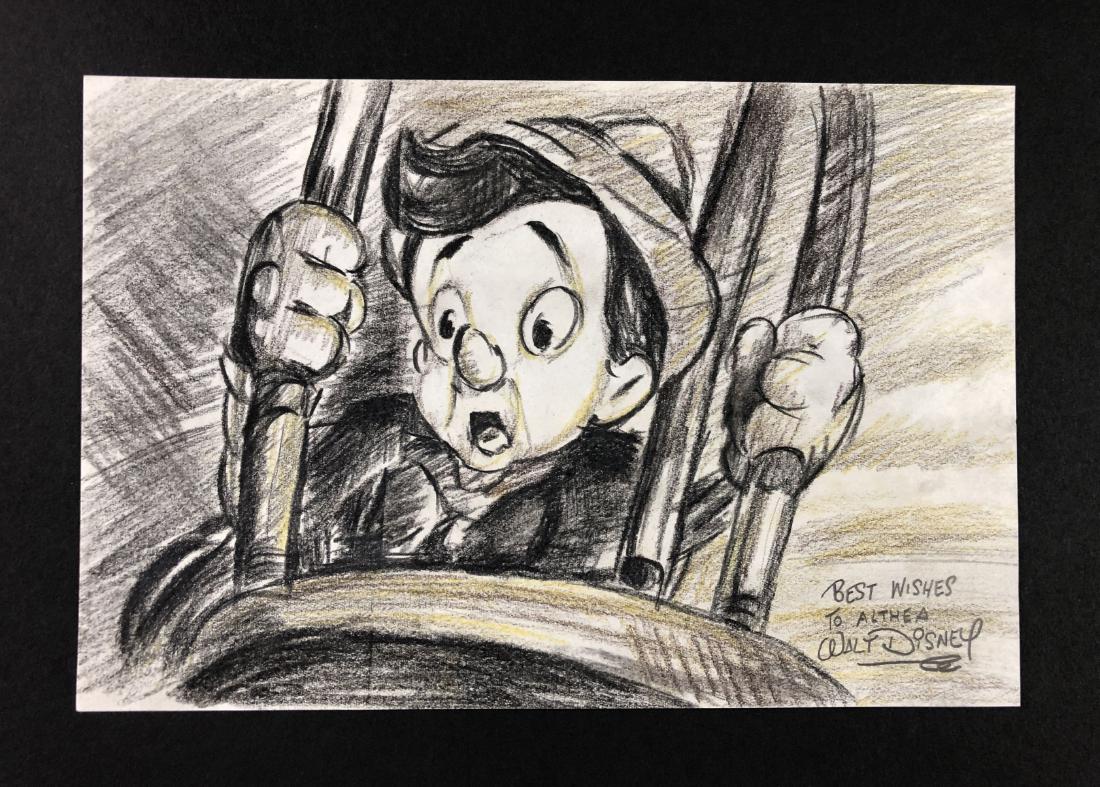 Walt Disney (1901-1966) - Crayon on Paper: This lot consists of a crayon drawing on paper, attributed to Walt Disney (American, 1901-1966). Hand inscription at bottom reads, "Best Wishes to Althea Walt Disney". This cartoon style image depicts