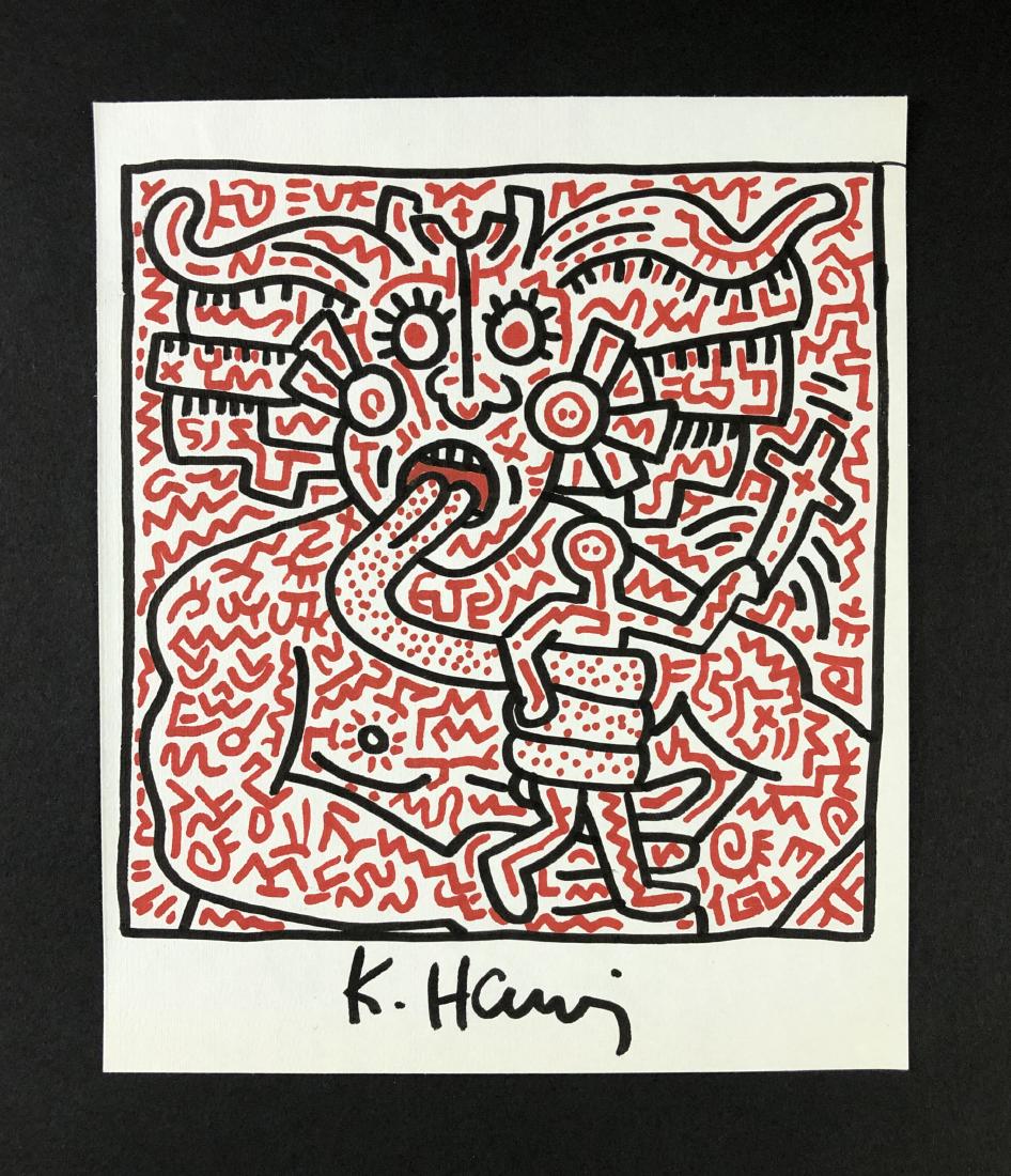 Keith Haring (American, 1958-1990) -- Ink Drawing: This lot consists of a hand-drawn ink illustration on paper, attributed to the pop-modern graffiti artist Keith Haring (American, 1958-1990). "K. Haring" is hand written at bottom center. This busy bl