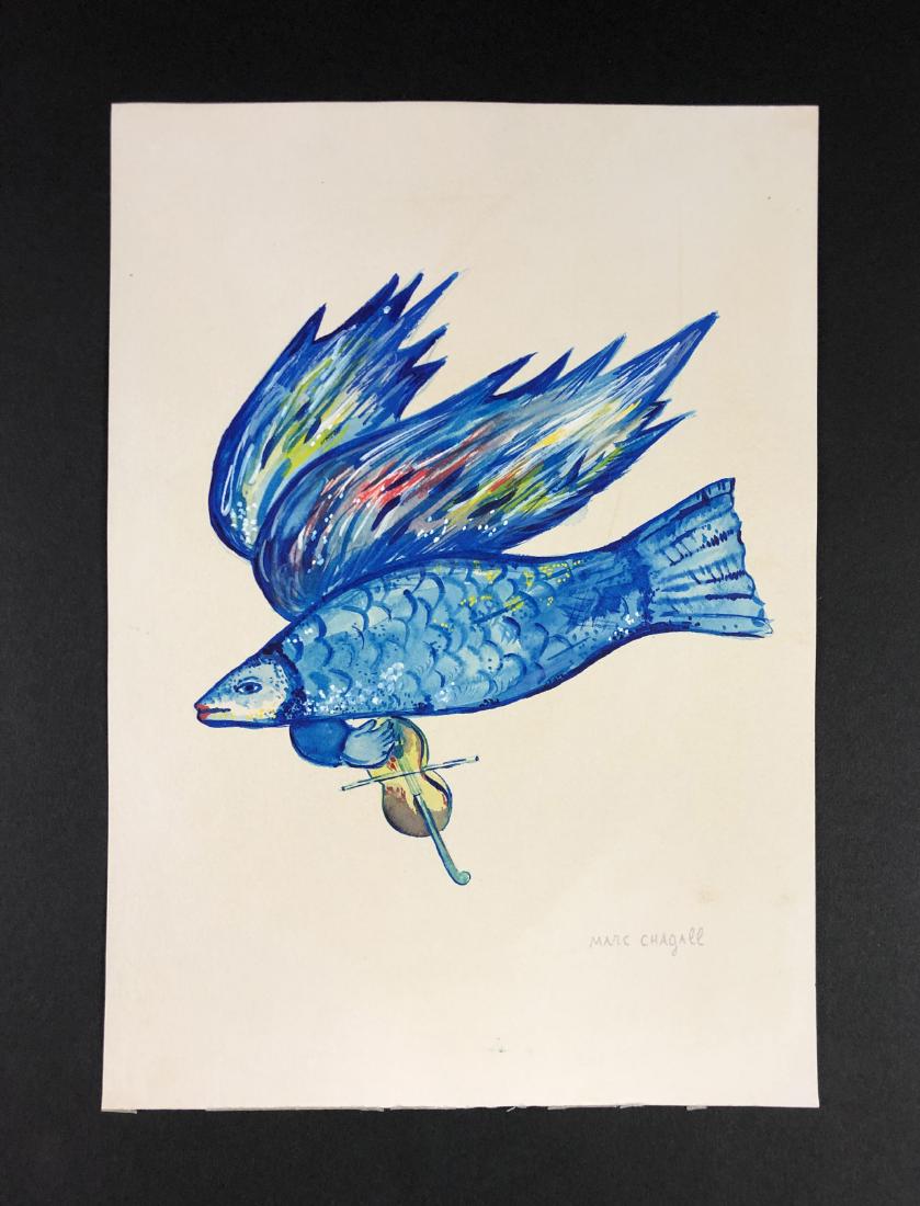 Marc Chagall (1887-1985) -- Gouache on Paper: This lot consists of a Gouache on paper, attributed to Marc Chagall (Russian born - French, 1887-1985). This expressionist image depicts A winged blue fish playing a violin with an arm that is protrud