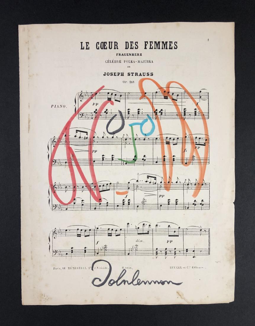 John Lennon (British, 1940-1980) - Marker Illustration: This lot consists of a marker illustration on a page of sheet music, attributed to artist, musician, and former Beatle, John Lennon (British, 1940-1980). A hand inscription at bottom reads, "John Lenn