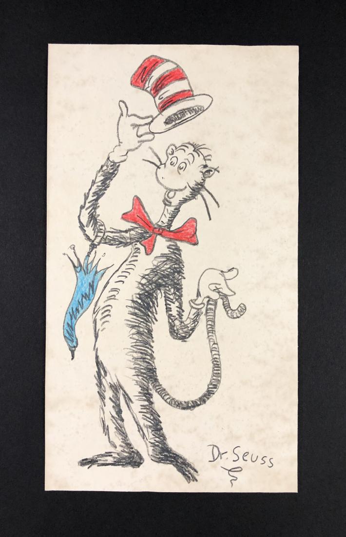 Theodor Seuss Geisel (1904-1991) -- Colored Pencil: This lot consists of a colored pencil illustration on paper, attributed to cartoonist Theodor (Dr. Suess) Geisel (American, 1904-1991). "Dr. Seuss" is hand written at bottom right corner. Image depict