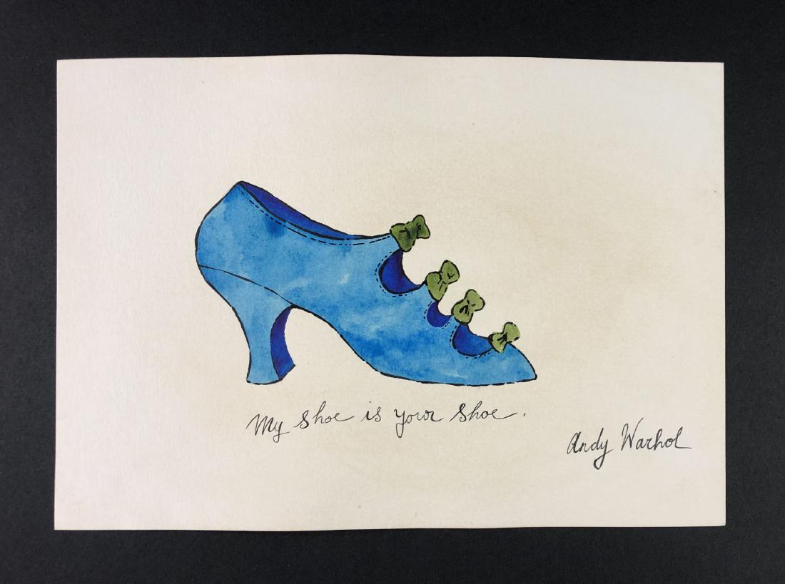 Andy Warhol (1928-1987) â€“ Mixed Media on Paper: This lot consists of a mixed media (ink and watercolor) on paper, attributed to Andy Warhol (American, 1928-1987). This Pop Art image depicts a blue ladies shoe with green bows, very similar to a prin