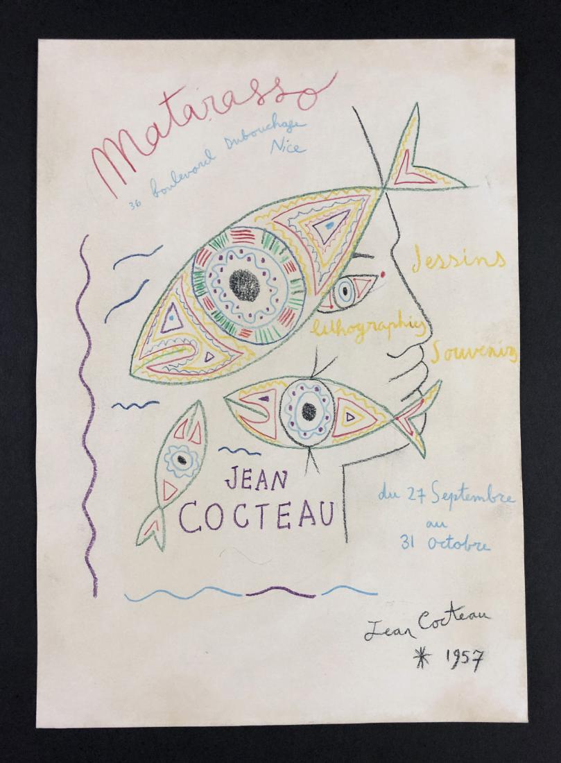 Jean Cocteau (1889 -1963) -- Colored Pencil Drawing: This lot consists of a colored pencil drawing on heavy paper, attributed to the modern artist Jean Cocteau (French, 1889-1963). "Jean Cocteau" is hand written at bottom left. Below the signature is th