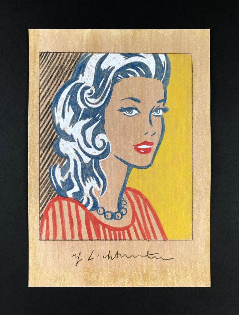 Roy Lichtenstein (1923 -1997) - Mixed Media Drawing: This lot consists of a mixed media (colored pencil, gouache) illustration on paper, attributed to modern cartoon pop artist Roy Lichtenstein (American, 1923-1997). "Roy Lichtenstein" is hand written a