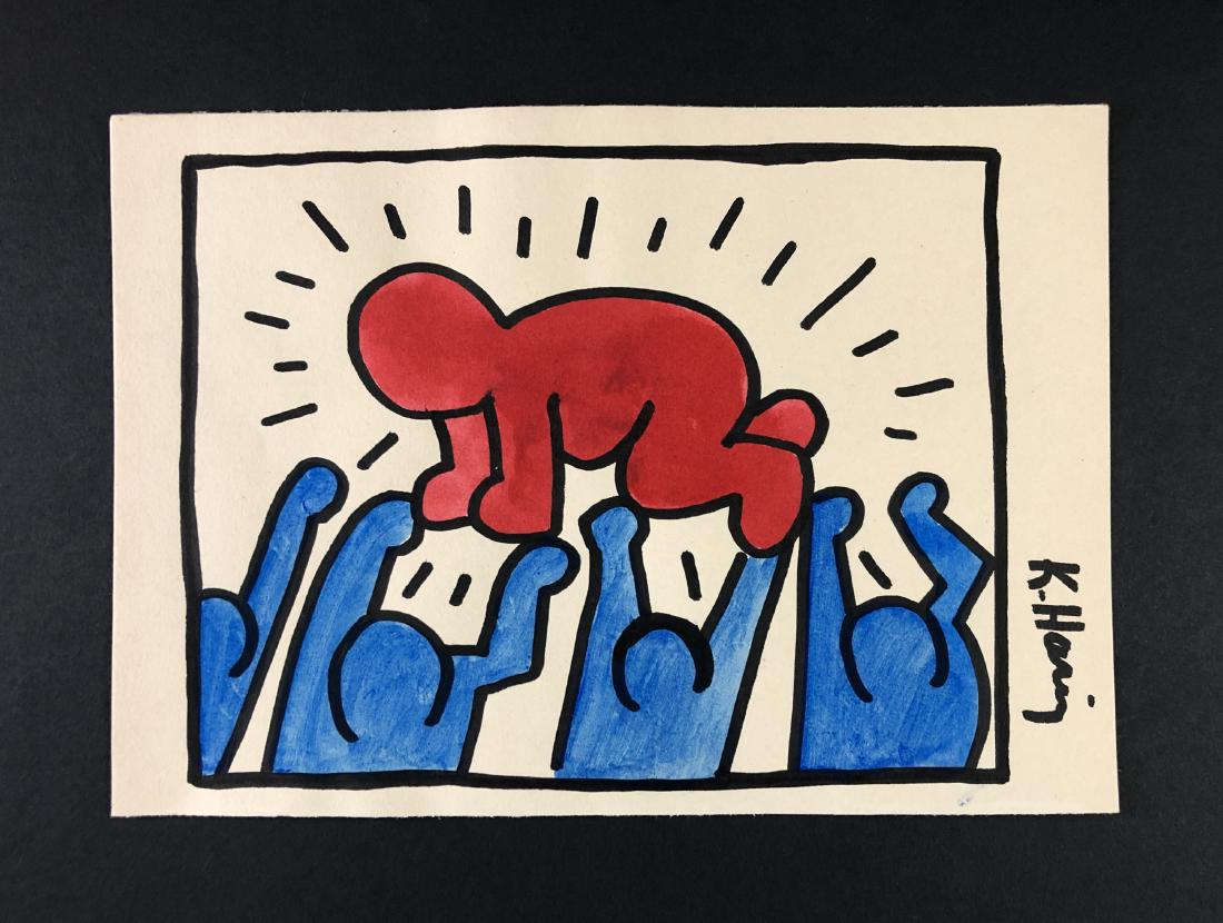 Keith Haring (American, 1958-1990)-Mixed Media Drawing: This lot consists of a hand-drawn ink and watercolor illustration on brown paper, attributed to the pop-modern graffiti artist Keith Haring (American, 1958-1990). "K. Haring" is hand written at right.