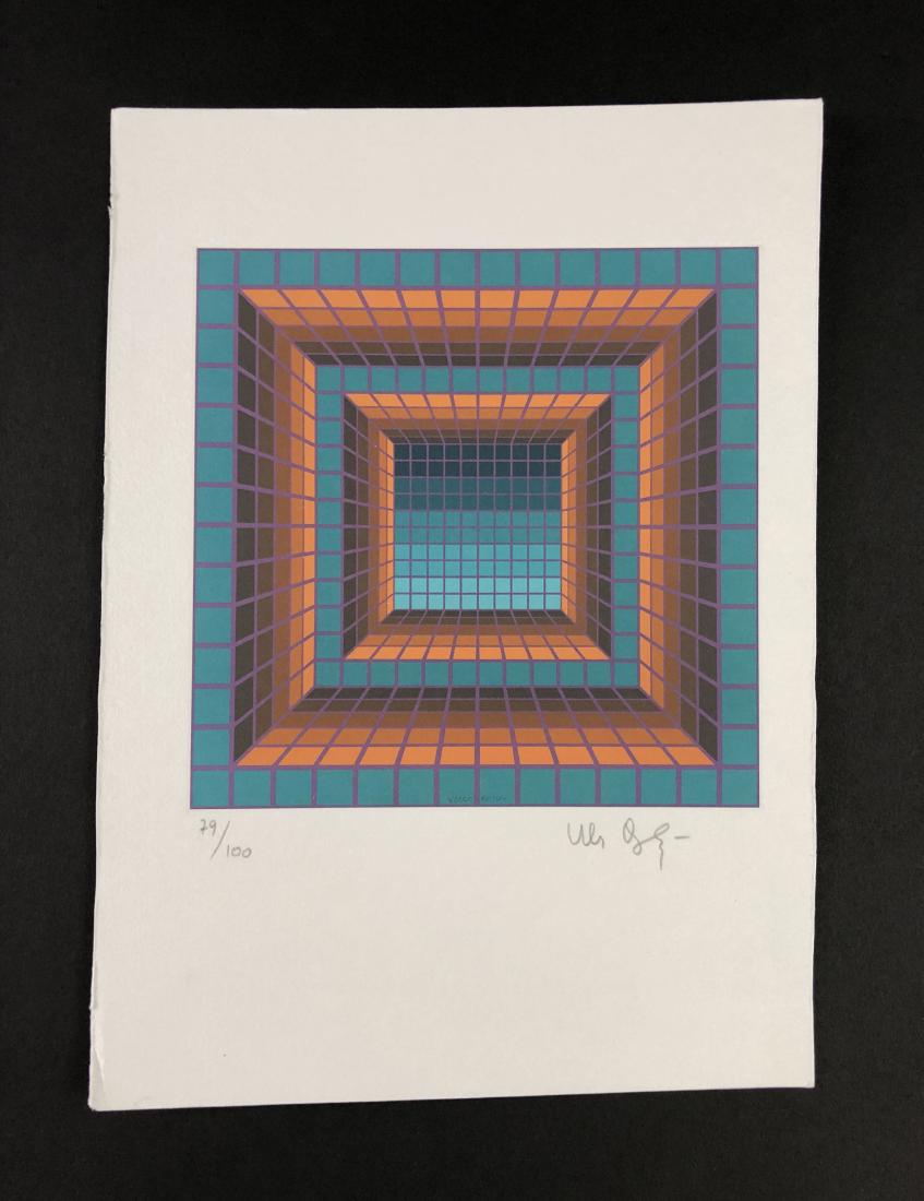 Victor Vasarely (1906-1997) - Fine Art Print on Paper: This lot consists of a fine art print on paper, attributed to Victor Vasarely (Hungarian, 1906-1997). Graphite inscription at bottom of composition reads, "79/100. Victor Vasarely". This geometric com
