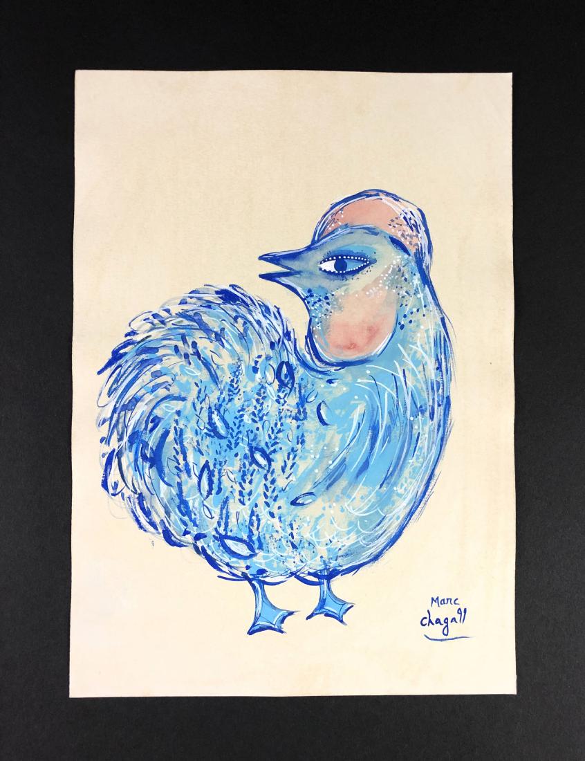 Marc Chagall (1887-1985) -- Gouache on Paper: This lot consists of a Gouache on paper, attributed to Marc Chagall (Russian born - French, 1887-1985). This expressionist image depicts A blue chicken with a pink comb and waddle displaying its pluma