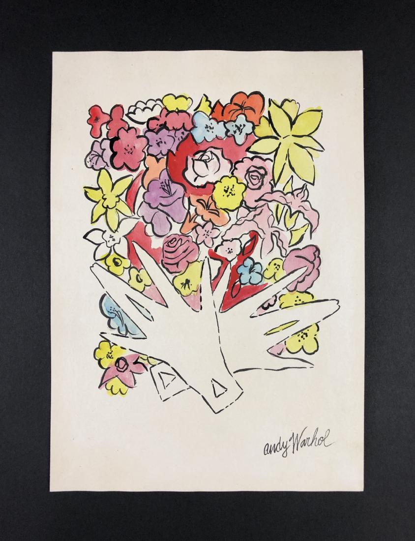 Andy Warhol (1928-1987) â€“ Mixed Media on Paper: This lot consists of a mixed media (ink and watercolor) on paper, attributed to Andy Warhol (American, 1928-1987). This early Pop art image depicts a a bouquet of flowers. Hand inscription below reads