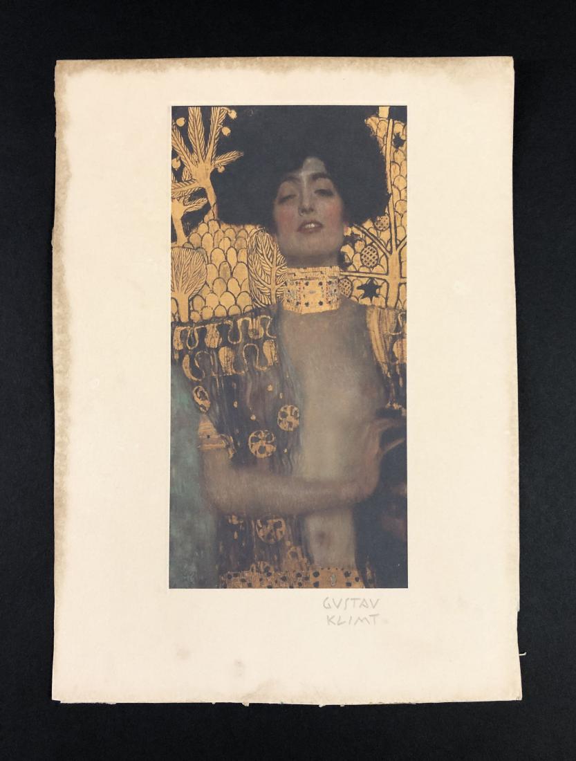 Gustav Klimt (1862-1918) - Fine Art Print on Paper: This lot consists of a fine art print on paper, attributed to Gustav Klimt (Austrian, 1862-1918). Handwritten graphite inscription at bottom reads, "Gustav Klimt". Image depicts a gorgeous woman with 