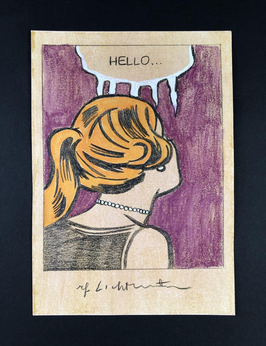 Roy Lichtenstein (1923 -1997) - Mixed Media Drawing: This lot consists of a mixed media (colored pencil, gouache) illustration on paper, attributed to modern cartoon pop artist Roy Lichtenstein (American, 1923-1997). "Roy Lichtenstein" is hand written a