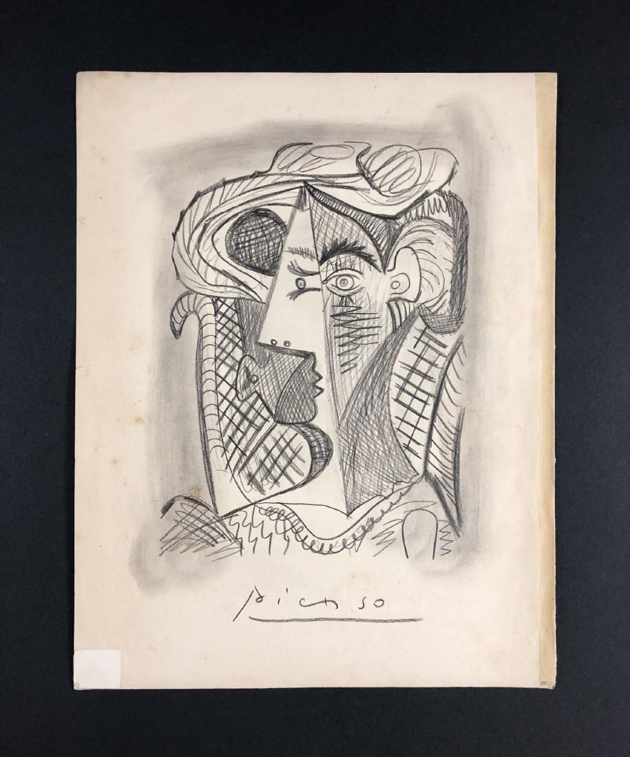 Pablo Picasso (1881-1973) â€“ Graphite on Paper: This lot consists of a Graphite drawing on an Antique sheet music page, attributed to Pablo Picasso (Spanish, 1881-1973). This cubist image depicts the portrait of a woman. Hand inscription below read