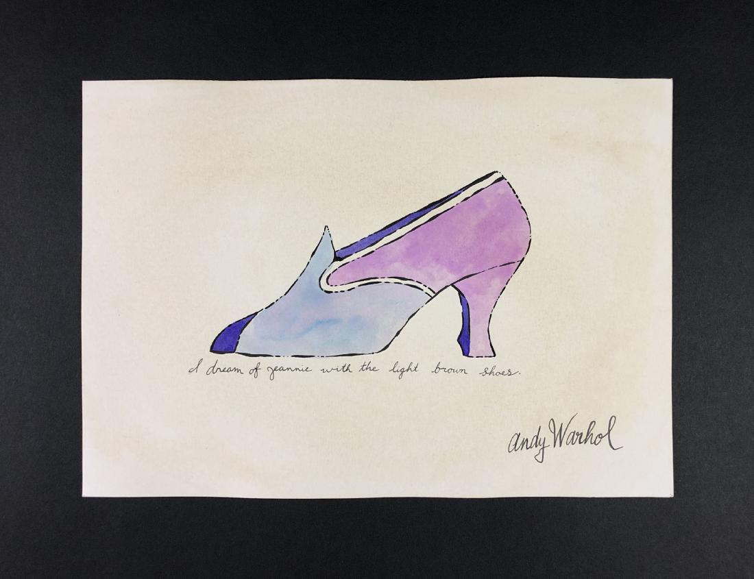 Andy Warhol (1928-1987) â€“ Mixed Media on Paper: This lot consists of a mixed media (ink and watercolor) on paper, attributed to Andy Warhol (American, 1928-1987). This Pop Art image depicts a blue and lavender ladies shoe with white accents, very s