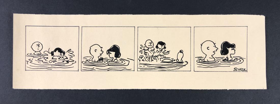 Charles Schulz (American, 1922-2000) - Ink Drawing: This lot consists of a hand-drawn ink illustration on brown paper, attributed to the famed cartoonist Charles Schulz (American, 1922-2000). "Schulz" is hand written at bottom right of comic strip. Ima