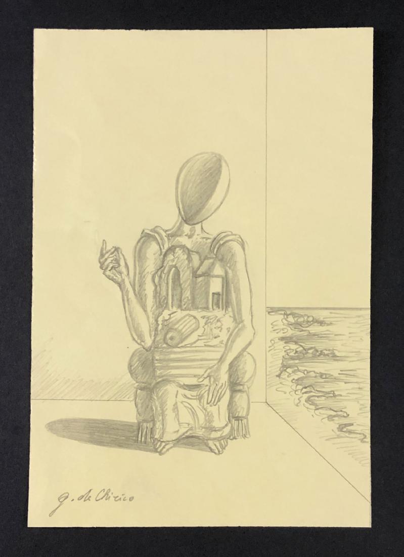 Giorgio De Chirico (1888-1978) - Graphite Drawing: This lot consists of a hand drawn graphite illustration on paper, attributed to modern artist Giorgio De Chirico (Italian, 1888-1978). "G. de Chirico" is hand written at bottom right. Surrealist image