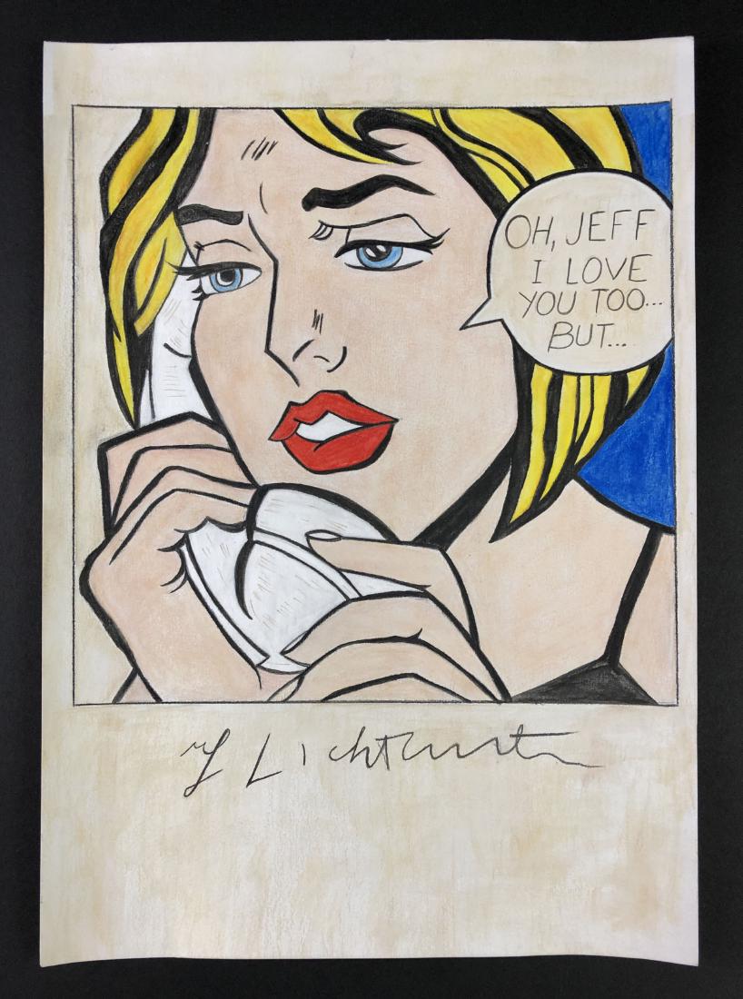 Roy Lichtenstein (1923 -1997) - Mixed Media Drawing: This lot consists of a mixed media (colored pencil, gouache) illustration on heavy paper, attributed to modern cartoon pop artist Roy Lichtenstein (American, 1923-1997). Paper has some type of wash, l