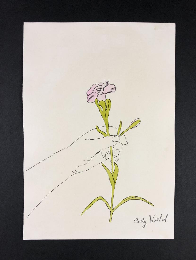 Andy Warhol (1928-1987) â€“ Mixed Media on Paper: This lot consists of a mixed media (ink and watercolor) on paper, attributed to Andy Warhol (American, 1928-1987). This early Pop art image depicts a hand holding a flower. Hand inscription below read