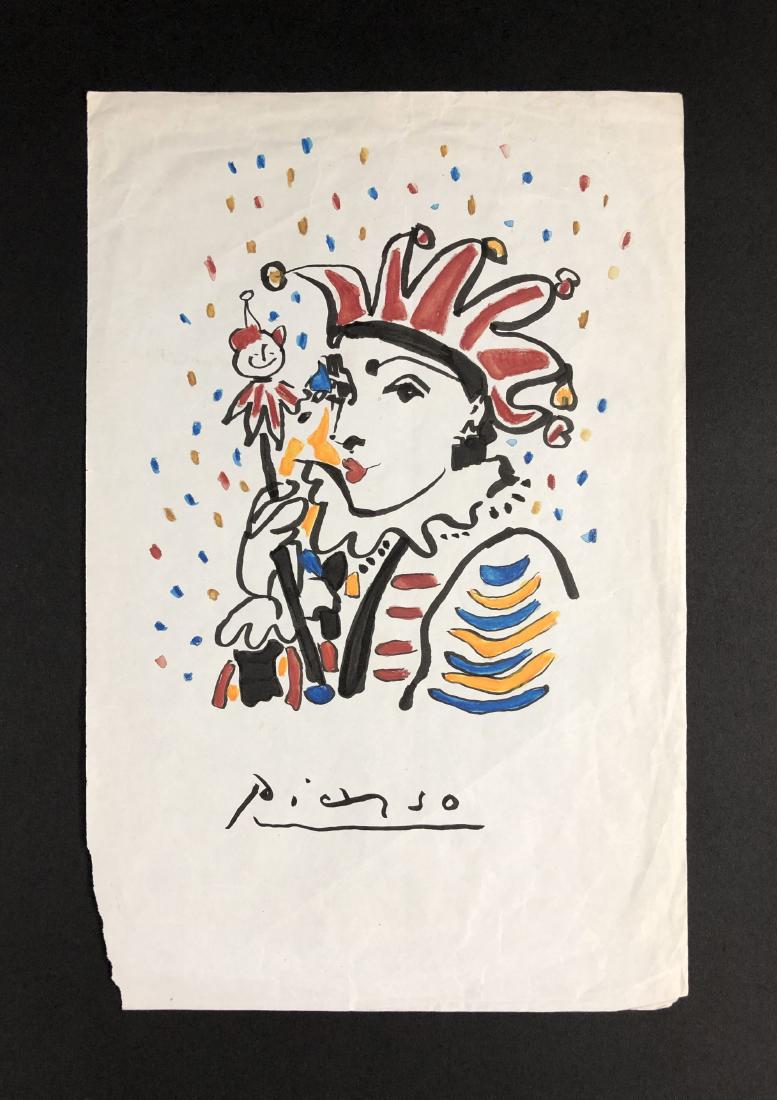 Pablo Picasso (1881-1973) â€“ Watercolor on Paper: This lot consists of a watercolor drawing on an wove paper, attributed to Pablo Picasso (Spanish, 1881-1973). This expressionist image depicts a jester with a scepter. Hand inscription above reads "Pi